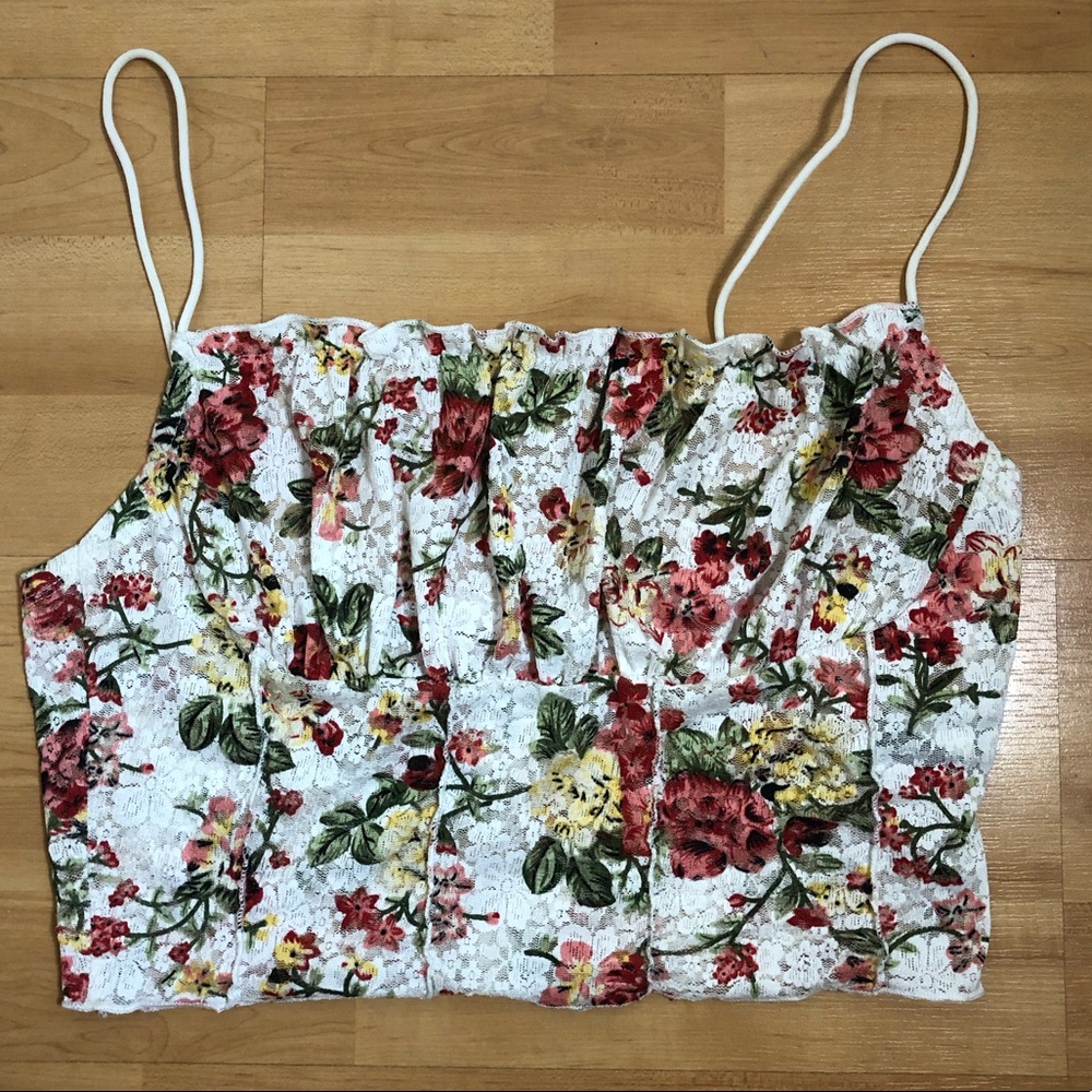 WHITE CROP TOP WITH RED, YELLOW, & GREEN FLOWERS